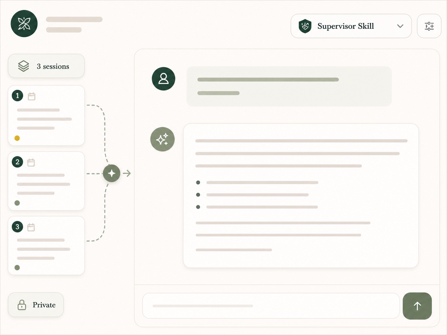 BeeThere AI Coach workspace showing the Supervisor Skill grounded in three selected client sessions