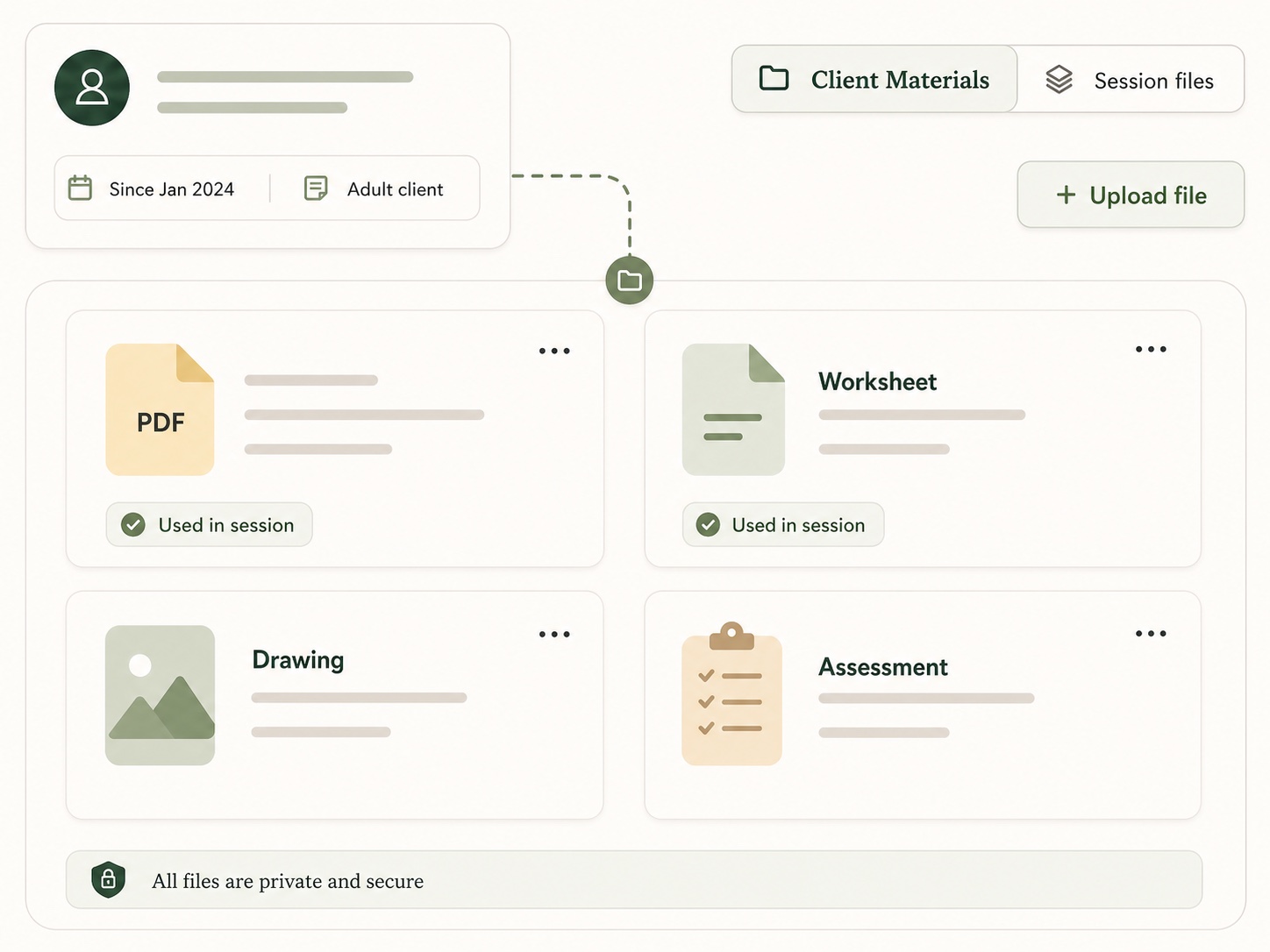 Organized client workspace containing background information and files used in therapy sessions