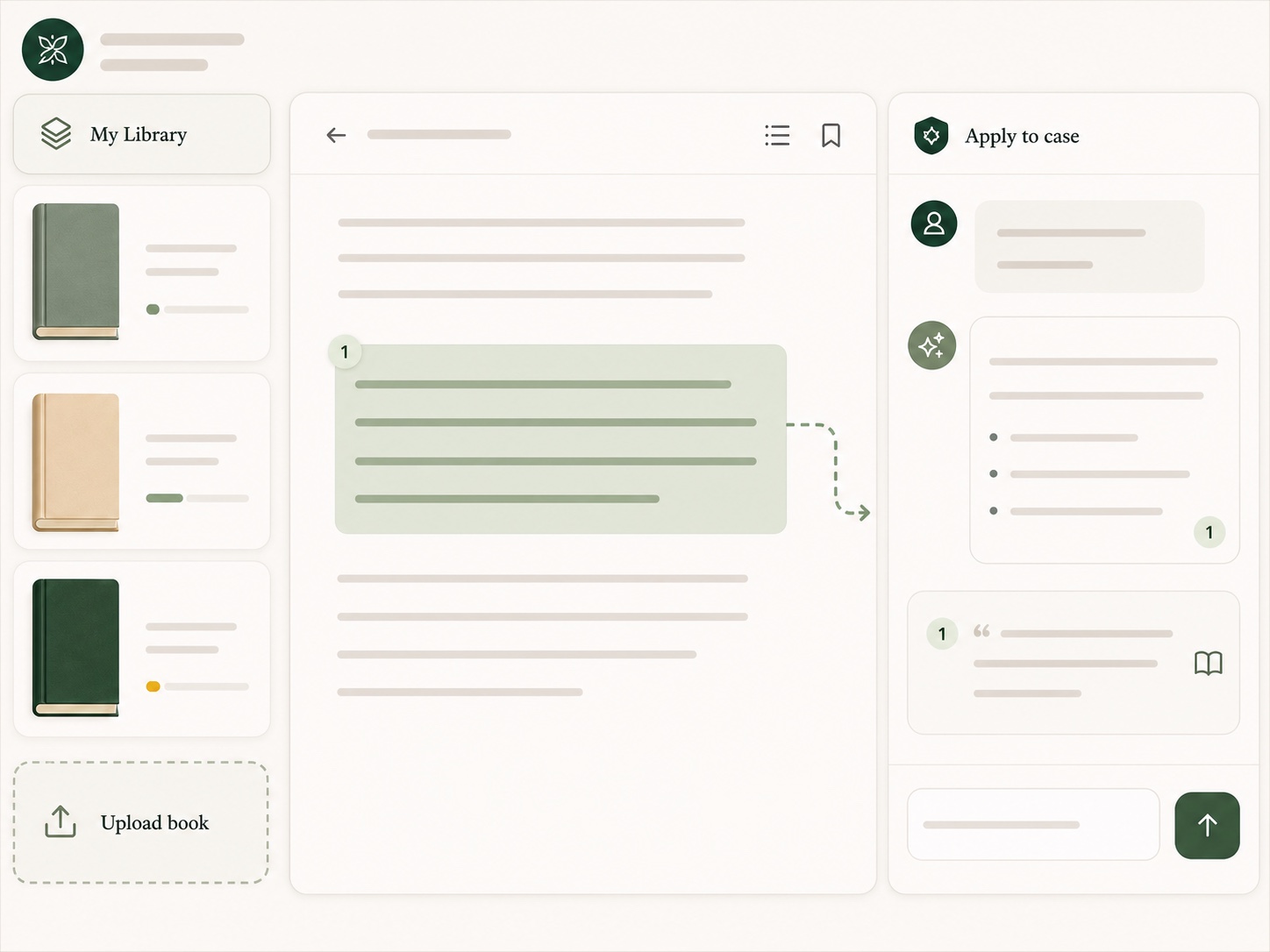 Interactive clinical library with uploaded books, an online reader, and book knowledge applied to a client case