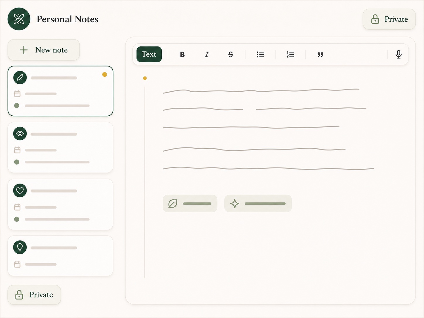 Private personal notes workspace with several separate reflections recorded for one client